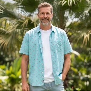 Falls Creek Men's Button Up Shirt Aqua with Pink Flamingos Size XL
